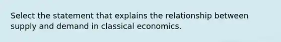 Select the statement that explains the relationship between supply and demand in classical economics.