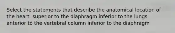 Select the statements that describe the anatomical location of the heart. superior to the diaphragm inferior to the lungs anterior to the vertebral column inferior to the diaphragm