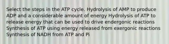 Select the steps in the ATP cycle. Hydrolysis of AMP to produce ADP and a considerable amount of energy Hydrolysis of ATP to release energy that can be used to drive endergonic reactions Synthesis of ATP using energy released from exergonic reactions Synthesis of NADH from ATP and Pi