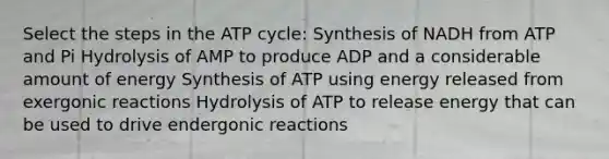 Select the steps in the ATP cycle: Synthesis of NADH from ATP and Pi Hydrolysis of AMP to produce ADP and a considerable amount of energy Synthesis of ATP using energy released from exergonic reactions Hydrolysis of ATP to release energy that can be used to drive endergonic reactions