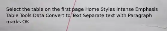 Select the table on the first page Home Styles Intense Emphasis Table Tools Data Convert to Text Separate text with Paragraph marks OK