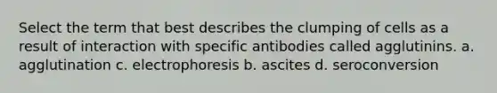 Select the term that best describes the clumping of cells as a result of interaction with specific antibodies called agglutinins. a. agglutination c. electrophoresis b. ascites d. seroconversion