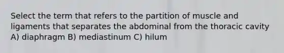 Select the term that refers to the partition of muscle and ligaments that separates the abdominal from the thoracic cavity A) diaphragm B) mediastinum C) hilum