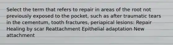 Select the term that refers to repair in areas of the root not previously exposed to the pocket, such as after traumatic tears in the cementum, tooth fractures, periapical lesions: Repair Healing by scar Reattachment Epithelial adaptation New attachment