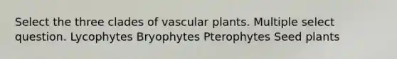 Select the three clades of vascular plants. Multiple select question. Lycophytes Bryophytes Pterophytes Seed plants