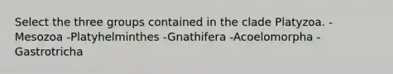 Select the three groups contained in the clade Platyzoa. -Mesozoa -Platyhelminthes -Gnathifera -Acoelomorpha -Gastrotricha