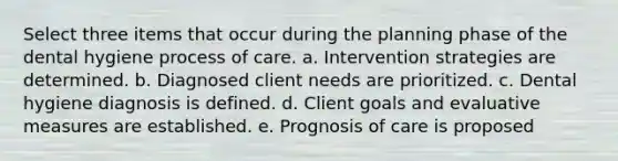 Select three items that occur during the planning phase of the dental hygiene process of care. a. Intervention strategies are determined. b. Diagnosed client needs are prioritized. c. Dental hygiene diagnosis is defined. d. Client goals and evaluative measures are established. e. Prognosis of care is proposed