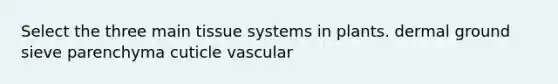 Select the three main tissue systems in plants. dermal ground sieve parenchyma cuticle vascular