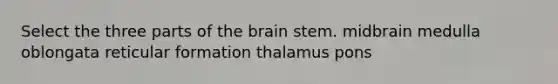 Select the three parts of <a href='https://www.questionai.com/knowledge/kLMtJeqKp6-the-brain' class='anchor-knowledge'>the brain</a> stem. midbrain medulla oblongata reticular formation thalamus pons