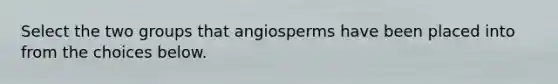 Select the two groups that angiosperms have been placed into from the choices below.