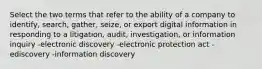 Select the two terms that refer to the ability of a company to identify, search, gather, seize, or export digital information in responding to a litigation, audit, investigation, or information inquiry -electronic discovery -electronic protection act -ediscovery -information discovery