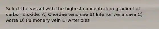 Select the vessel with the highest concentration gradient of carbon dioxide: A) Chordae tendinae B) Inferior vena cava C) Aorta D) Pulmonary vein E) Arterioles