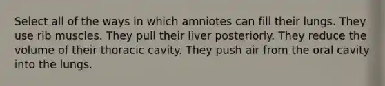 Select all of the ways in which amniotes can fill their lungs. They use rib muscles. They pull their liver posteriorly. They reduce the volume of their thoracic cavity. They push air from the oral cavity into the lungs.