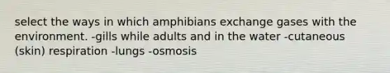 select the ways in which amphibians exchange gases with the environment. -gills while adults and in the water -cutaneous (skin) respiration -lungs -osmosis