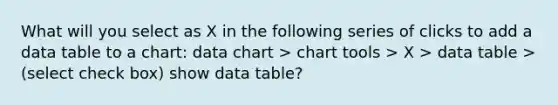 What will you select as X in the following series of clicks to add a data table to a chart: data chart > chart tools > X > data table > (select check box) show data table?