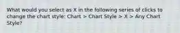 What would you select as X in the following series of clicks to change the chart style: Chart > Chart Style > X > Any Chart Style?