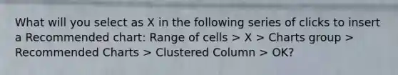 What will you select as X in the following series of clicks to insert a Recommended chart: Range of cells > X > Charts group > Recommended Charts > Clustered Column > OK?