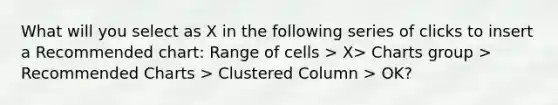 What will you select as X in the following series of clicks to insert a Recommended chart: Range of cells > X> Charts group > Recommended Charts > Clustered Column > OK?