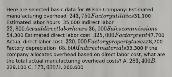 Here are selected basic data for Wilson​ Company: Estimated manufacturing overhead ​ 243,750 Factory utilities ​31,100 Estimated labor hours ​ 35,000 Indirect labor ​ 22,800 Actual direct labor hours ​ 36,000 Sales commissions ​54,300 Estimated direct labor cost ​ 325,000 Factory rent ​47,700 Actual direct labor cost ​ 320,000 Factory property taxes ​28,700 Factory depreciation ​ 65,500 Indirect materials ​33,300 If the company allocates overhead based on direct labor​ cost, what are the total actual manufacturing overhead​ costs? A. ​283,400 B. ​229,100 C. ​173,000 D. ​260,600