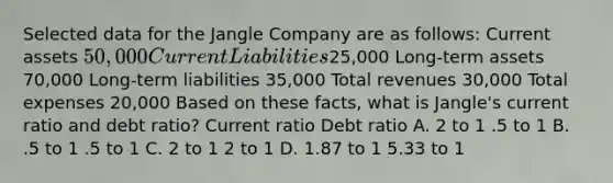 Selected data for the Jangle Company are as follows: Current assets 50,000 Current Liabilities25,000 Long-term assets 70,000 Long-term liabilities 35,000 Total revenues 30,000 Total expenses 20,000 Based on these facts, what is Jangle's current ratio and debt ratio? Current ratio Debt ratio A. 2 to 1 .5 to 1 B. .5 to 1 .5 to 1 C. 2 to 1 2 to 1 D. 1.87 to 1 5.33 to 1