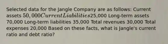 Selected data for the Jangle Company are as follows: Current assets 50,000 Current Liabilities25,000 Long-term assets 70,000 Long-term liabilities 35,000 Total revenues 30,000 Total expenses 20,000 Based on these facts, what is Jangle's current ratio and debt ratio?