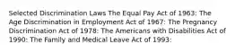 Selected Discrimination Laws The Equal Pay Act of 1963: The Age Discrimination in Employment Act of 1967: The Pregnancy Discrimination Act of 1978: The Americans with Disabilities Act of 1990: The Family and Medical Leave Act of 1993: