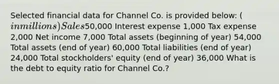 Selected financial data for Channel Co. is provided below: (in millions) Sales50,000 Interest expense 1,000 Tax expense 2,000 Net income 7,000 Total assets (beginning of year) 54,000 Total assets (end of year) 60,000 Total liabilities (end of year) 24,000 Total stockholders' equity (end of year) 36,000 What is the debt to equity ratio for Channel Co.?