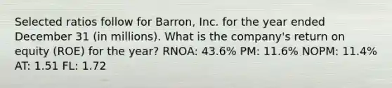 Selected ratios follow for Barron, Inc. for the year ended December 31 (in millions). What is the company's return on equity (ROE) for the year? RNOA: 43.6% PM: 11.6% NOPM: 11.4% AT: 1.51 FL: 1.72