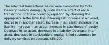 The selected transactions below were completed by Cota Delivery Service during July: Indicate the effect of each transaction on the accounting equation by choosing the appropriate letter from the following list: Increase in an asset, decrease in another asset. Increase in an asset, increase in a liability. Increase in an asset, increase in stockholders' equity. Decrease in an asset, decrease in a liability. Decrease in an asset, decrease in stockholders' equity. Billed customers for delivery services on account, 58,000.