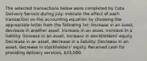 The selected transactions below were completed by Cota Delivery Service during July: Indicate the effect of each transaction on the accounting equation by choosing the appropriate letter from the following list: Increase in an asset, decrease in another asset. Increase in an asset, increase in a liability. Increase in an asset, increase in stockholders' equity. Decrease in an asset, decrease in a liability. Decrease in an asset, decrease in stockholders' equity. Received cash for providing delivery services, 33,000.