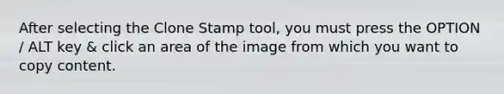 After selecting the Clone Stamp tool, you must press the OPTION / ALT key & click an area of the image from which you want to copy content.