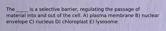 The _____ is a selective barrier, regulating the passage of material into and out of the cell. A) plasma membrane B) nuclear envelope C) nucleus D) chloroplast E) lysosome