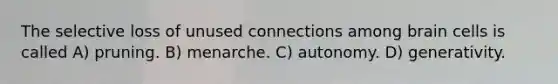 The selective loss of unused connections among brain cells is called A) pruning. B) menarche. C) autonomy. D) generativity.