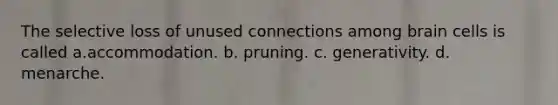 The selective loss of unused connections among brain cells is called a.accommodation. b. pruning. c. generativity. d. menarche.