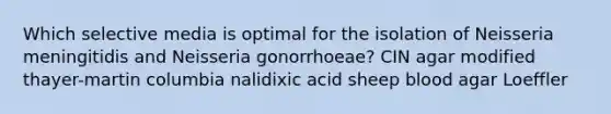 Which selective media is optimal for the isolation of Neisseria meningitidis and Neisseria gonorrhoeae? CIN agar modified thayer-martin columbia nalidixic acid sheep blood agar Loeffler