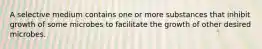 A selective medium contains one or more substances that inhibit growth of some microbes to facilitate the growth of other desired microbes.