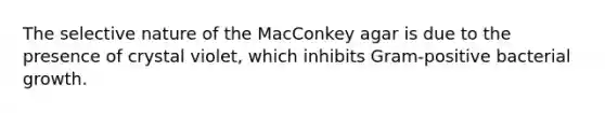 The selective nature of the MacConkey agar is due to the presence of crystal violet, which inhibits Gram-positive bacterial growth.