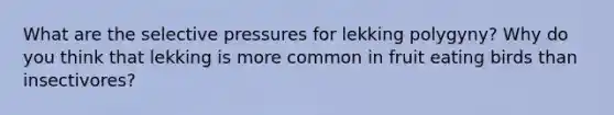 What are the selective pressures for lekking polygyny? Why do you think that lekking is more common in fruit eating birds than insectivores?