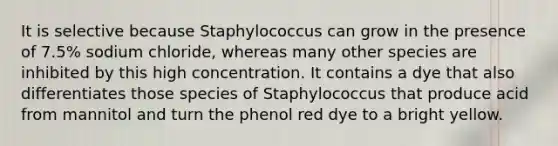 It is selective because Staphylococcus can grow in the presence of 7.5% sodium chloride, whereas many other species are inhibited by this high concentration. It contains a dye that also differentiates those species of Staphylococcus that produce acid from mannitol and turn the phenol red dye to a bright yellow.