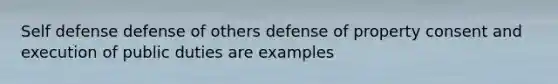 Self defense defense of others defense of property consent and execution of public duties are examples