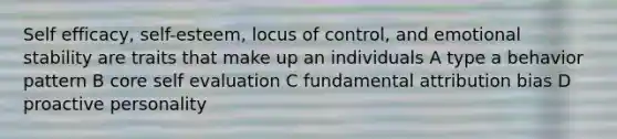 Self efficacy, self-esteem, locus of control, and emotional stability are traits that make up an individuals A type a behavior pattern B core self evaluation C fundamental attribution bias D proactive personality