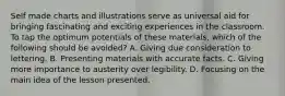 Self made charts and illustrations serve as universal aid for bringing fascinating and exciting experiences in the classroom. To tap the optimum potentials of these materials, which of the following should be avoided? A. Giving due consideration to lettering. B. Presenting materials with accurate facts. C. Giving more importance to austerity over legibility. D. Focusing on the main idea of the lesson presented.