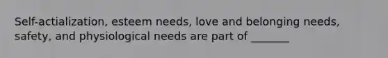 Self-actialization, esteem needs, love and belonging needs, safety, and physiological needs are part of _______