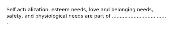 Self-actualization, esteem needs, love and belonging needs, safety, and physiological needs are part of ................................... .