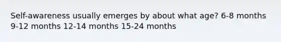 Self-awareness usually emerges by about what age? 6-8 months 9-12 months 12-14 months 15-24 months