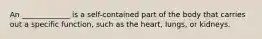 An _____________ is a self-contained part of the body that carries out a specific function, such as the heart, lungs, or kidneys.