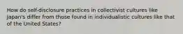 How do self-disclosure practices in collectivist cultures like Japan's differ from those found in individualistic cultures like that of the United States?