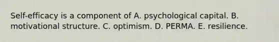 Self-efficacy is a component of A. psychological capital. B. motivational structure. C. optimism. D. PERMA. E. resilience.