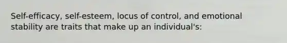 Self-efficacy, self-esteem, locus of control, and emotional stability are traits that make up an individual's: