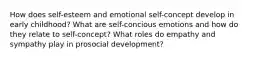 How does self-esteem and emotional self-concept develop in early childhood? What are self-concious emotions and how do they relate to self-concept? What roles do empathy and sympathy play in prosocial development?